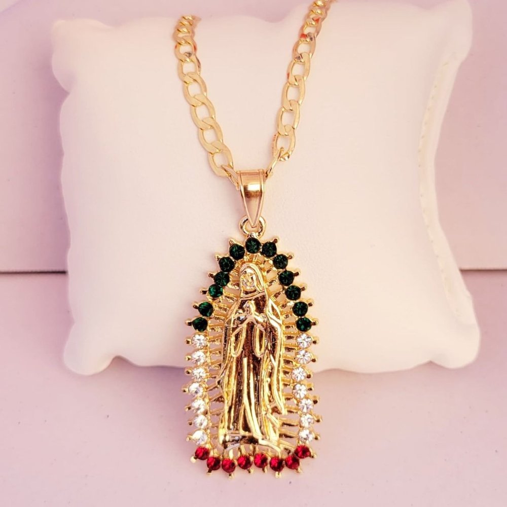Virgen Mary Pendant Necklace Laminated Gold Gem